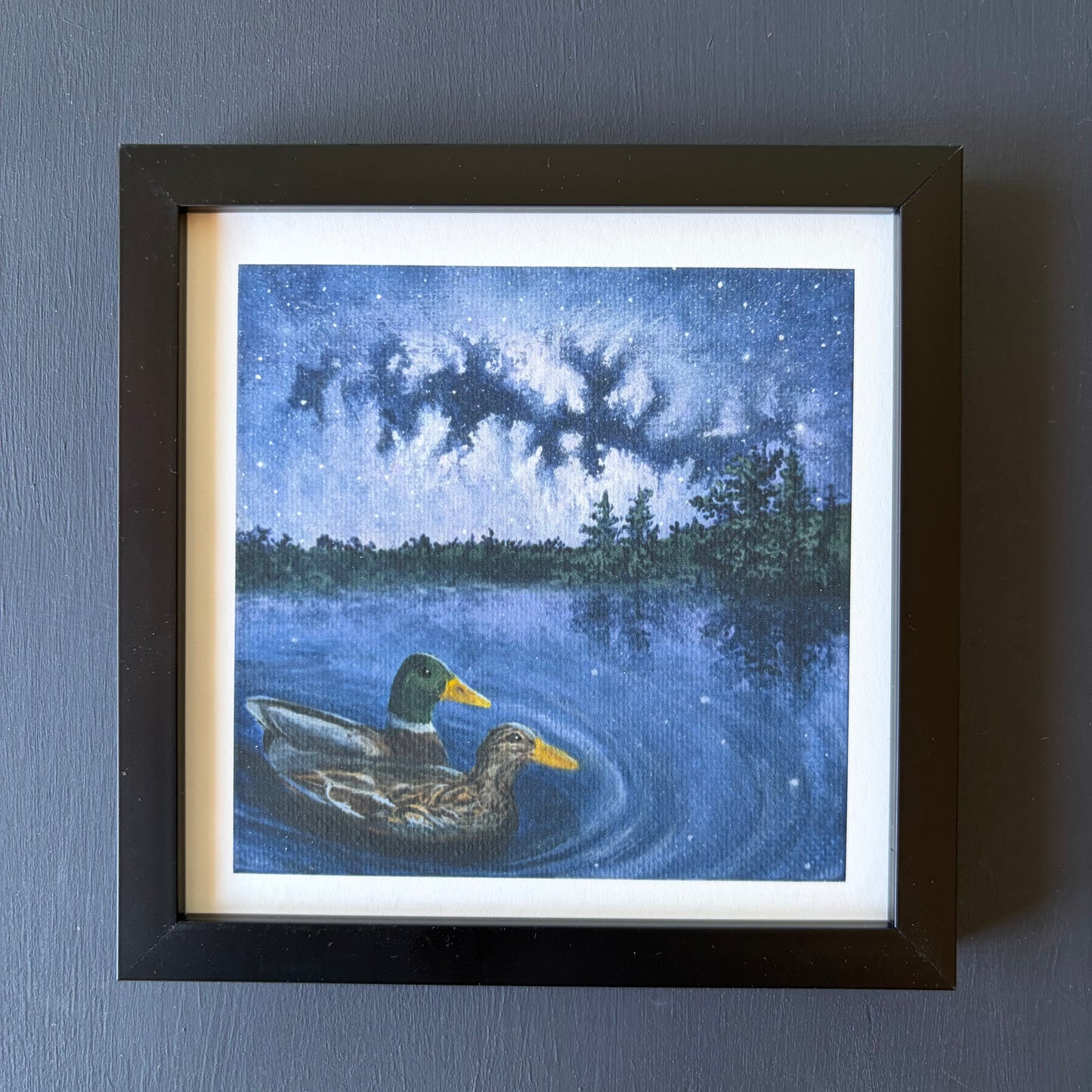 Mini print in black frame of two ducks swimming on a lake under a starry night sky with trees in the background.
