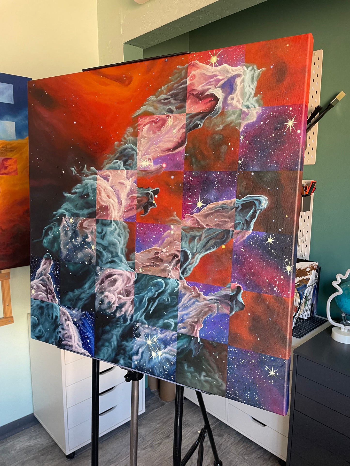 Large 30x30" oil painting sitting on an easel of the Pillars of Creation
