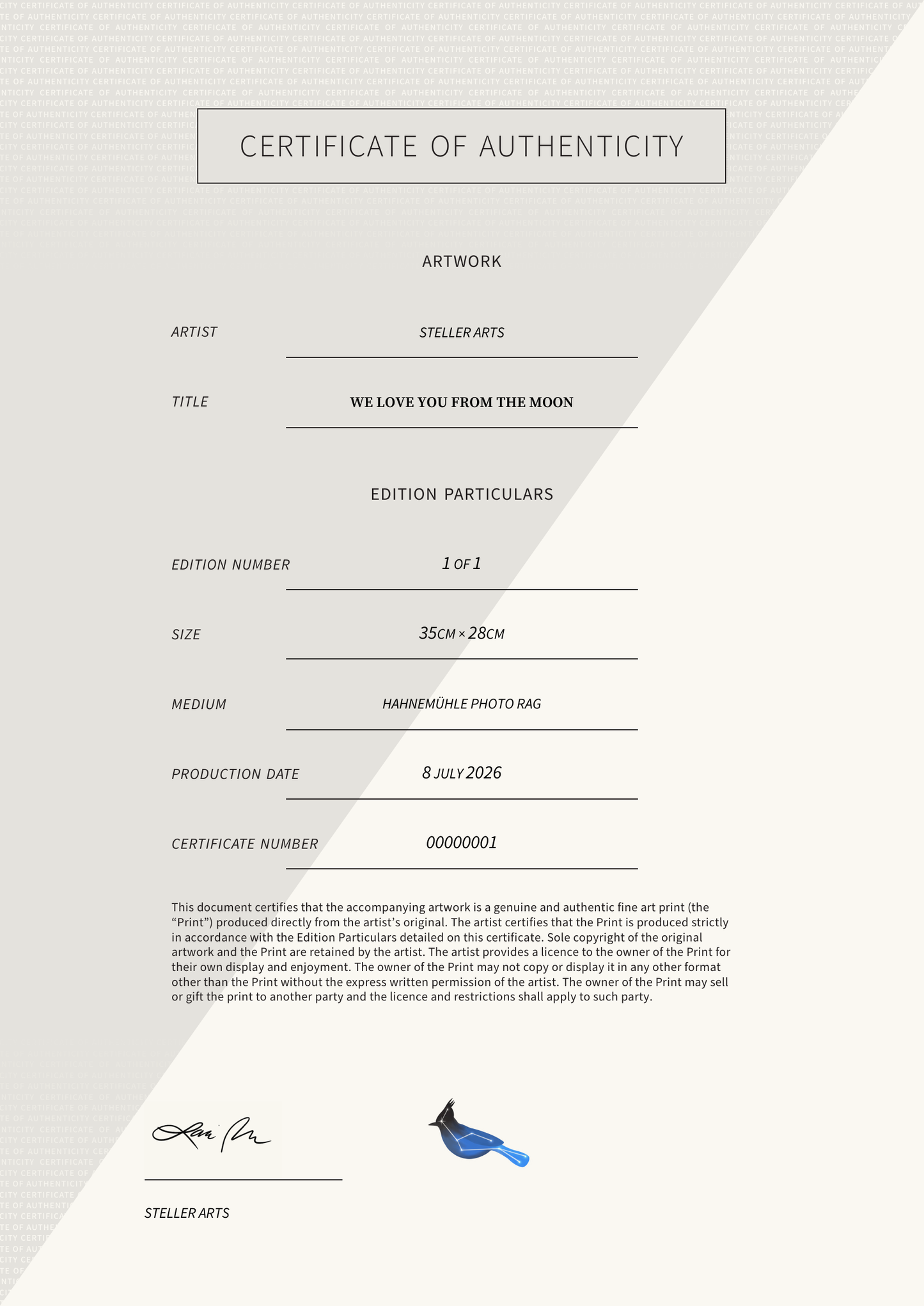 We Love You From The Moon — Certificate of Authenticity