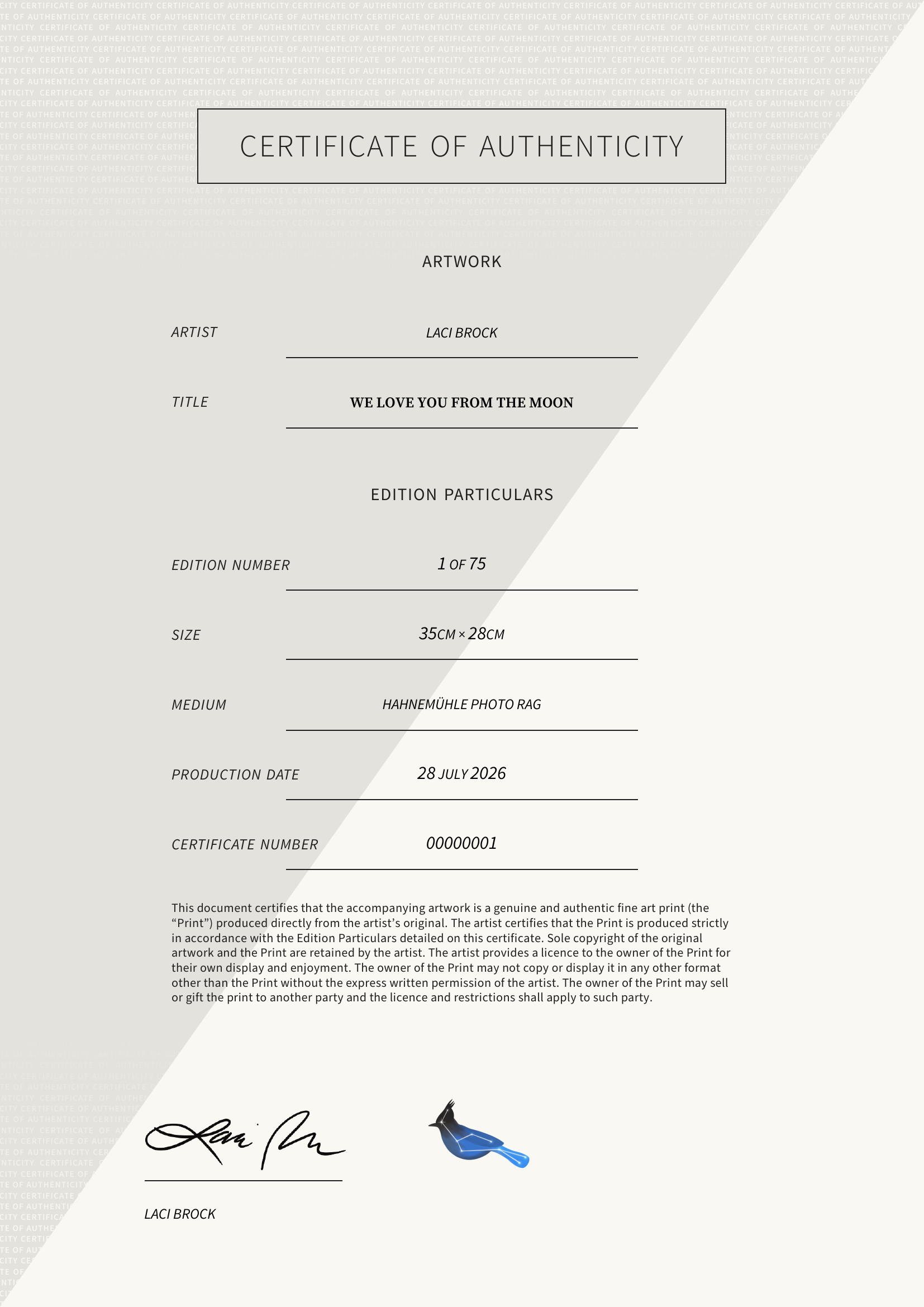 We Love You From The Moon — Certificate of Authenticity