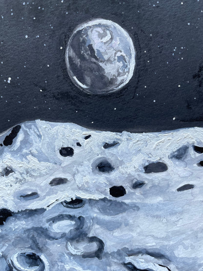 Black, grey, and white painting of Earth from the Moon's surface