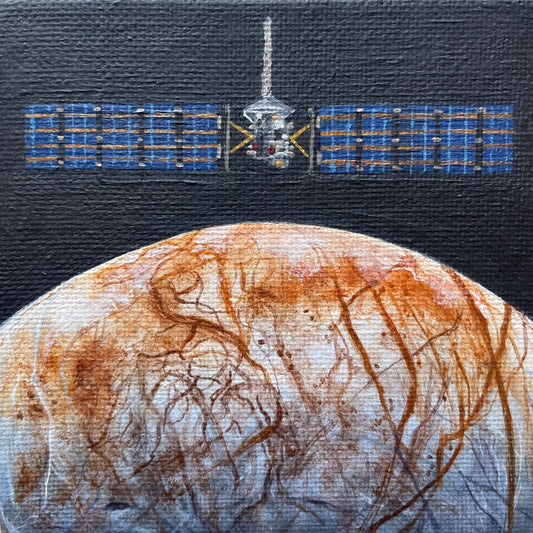 Painting of spacecraft with large solar arrays at top center of piece. Below spacecraft is close up view of the moon Europa painted with a purple grey and streak in reddish brown.