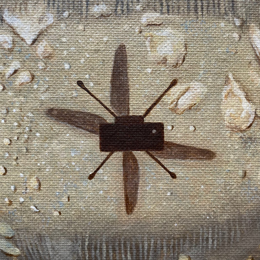 Close up of painting. Tan rocks are flanked on the top and bottom by rover tracks. At the center is a dark brown shadow of Ingenuity taking its first flight on Mars