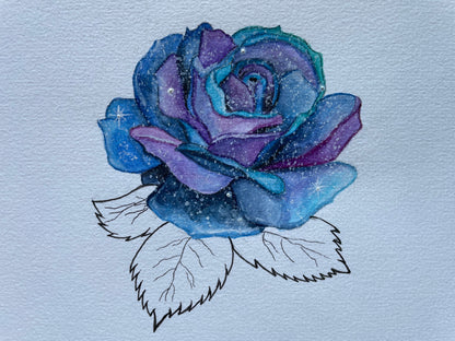 Purple and blue space-themed rose with white stars. The leaves of the rose are in black ink