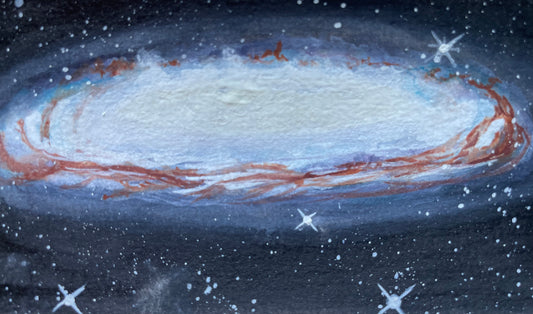 Edge-on spiral galaxy in white, light blue, and reddish brown