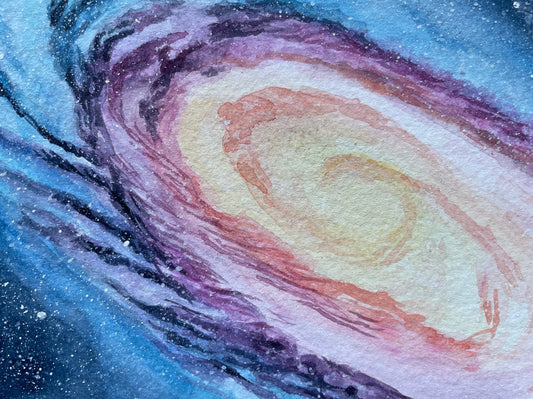 Watercolor painting of a spiral galaxy with blue, purple, orange, and yellow