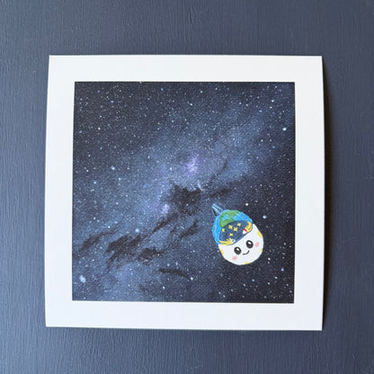 Mini print of the Milky Way. A dense blue and purple star field. Rise is painted in the bottom right corner.