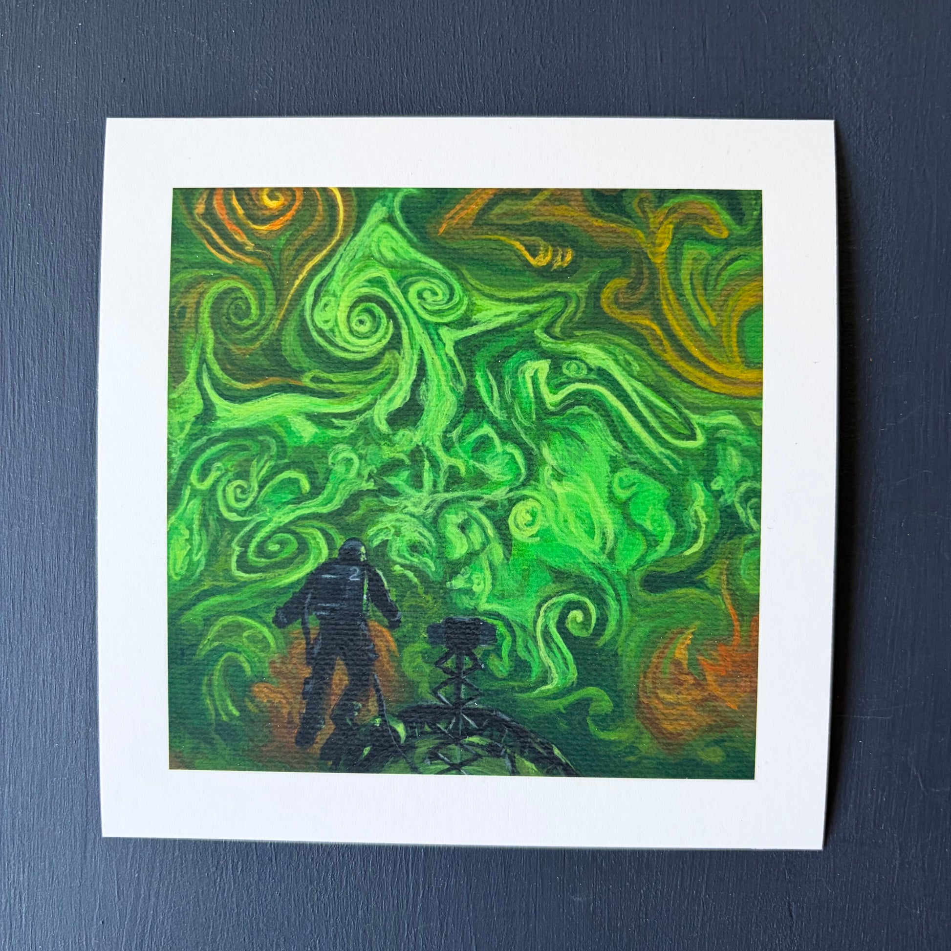 Print  of swirling green and orange clouds. An astronaut floats above a spaceship at the bottom of the piece.