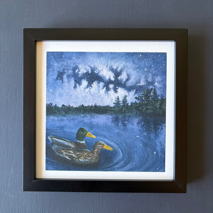 Mini print in black frame of two ducks swimming on a lake under a starry night sky with trees in the background.