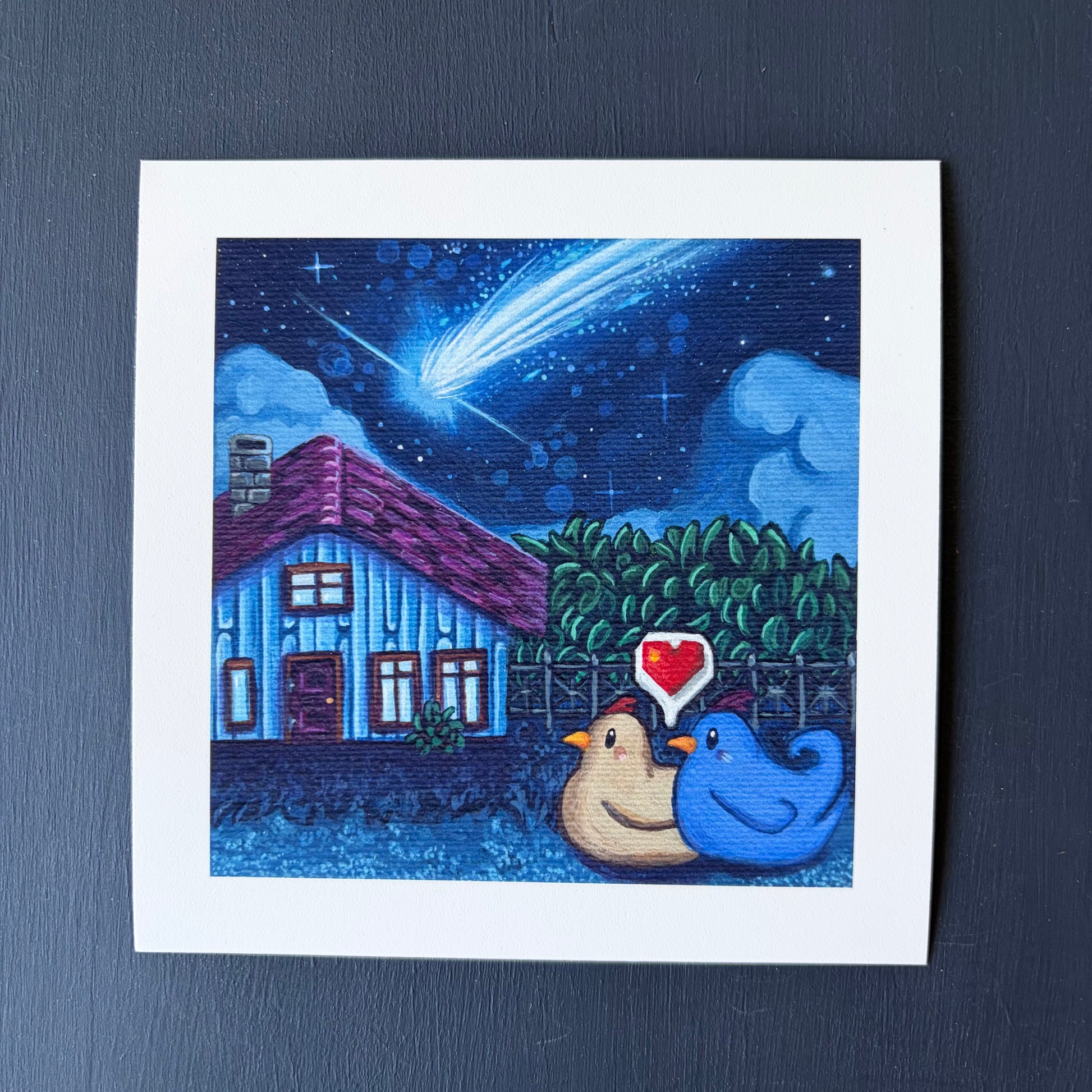 Mini print of two chickens watching a blue fireball