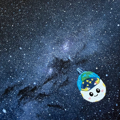 Close up of mini painting of the Milky Way. A dense blue and purple star field. Rise is painted in the bottom right corner.