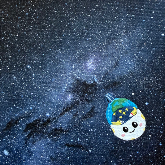 Close up of mini painting of the Milky Way. A dense blue and purple star field. Rise is painted in the bottom right corner.