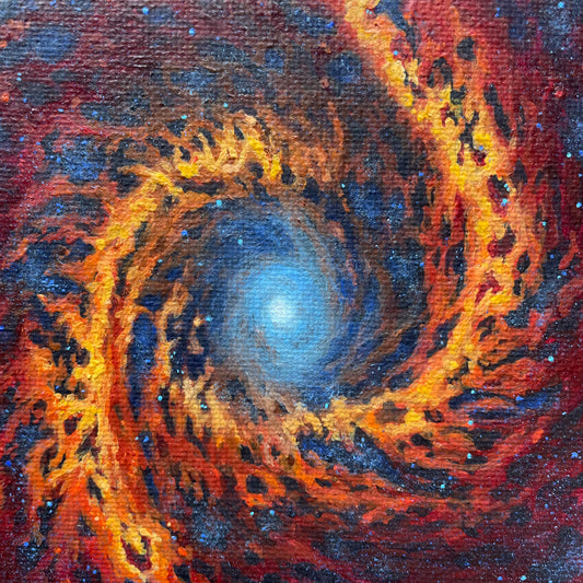 Painting of a spiral galaxy. The center is a light blue fading to a light brown, orange, yellow, and deep red. Blue stars are dotted throughout the painting.