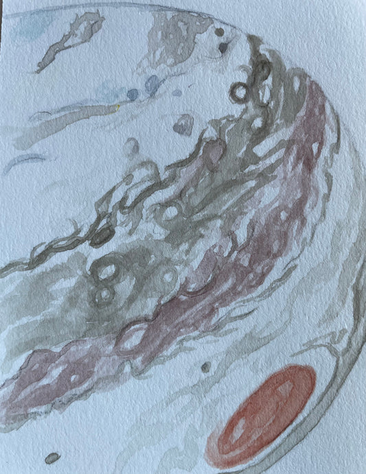 Delicate watercolor painting of Jupiter in mostly browns and some rust brown