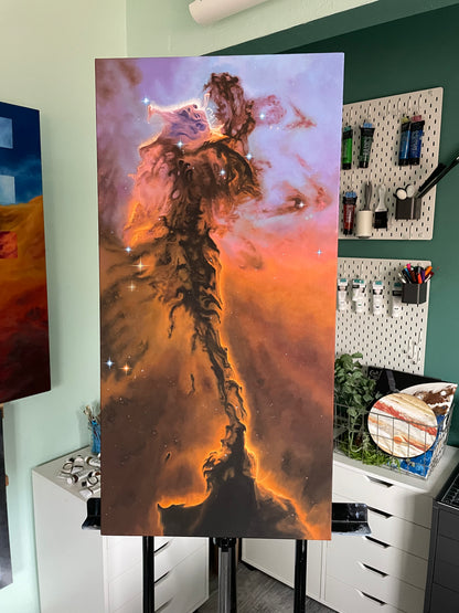 Nebula painting in vertical position on an easel in my studio