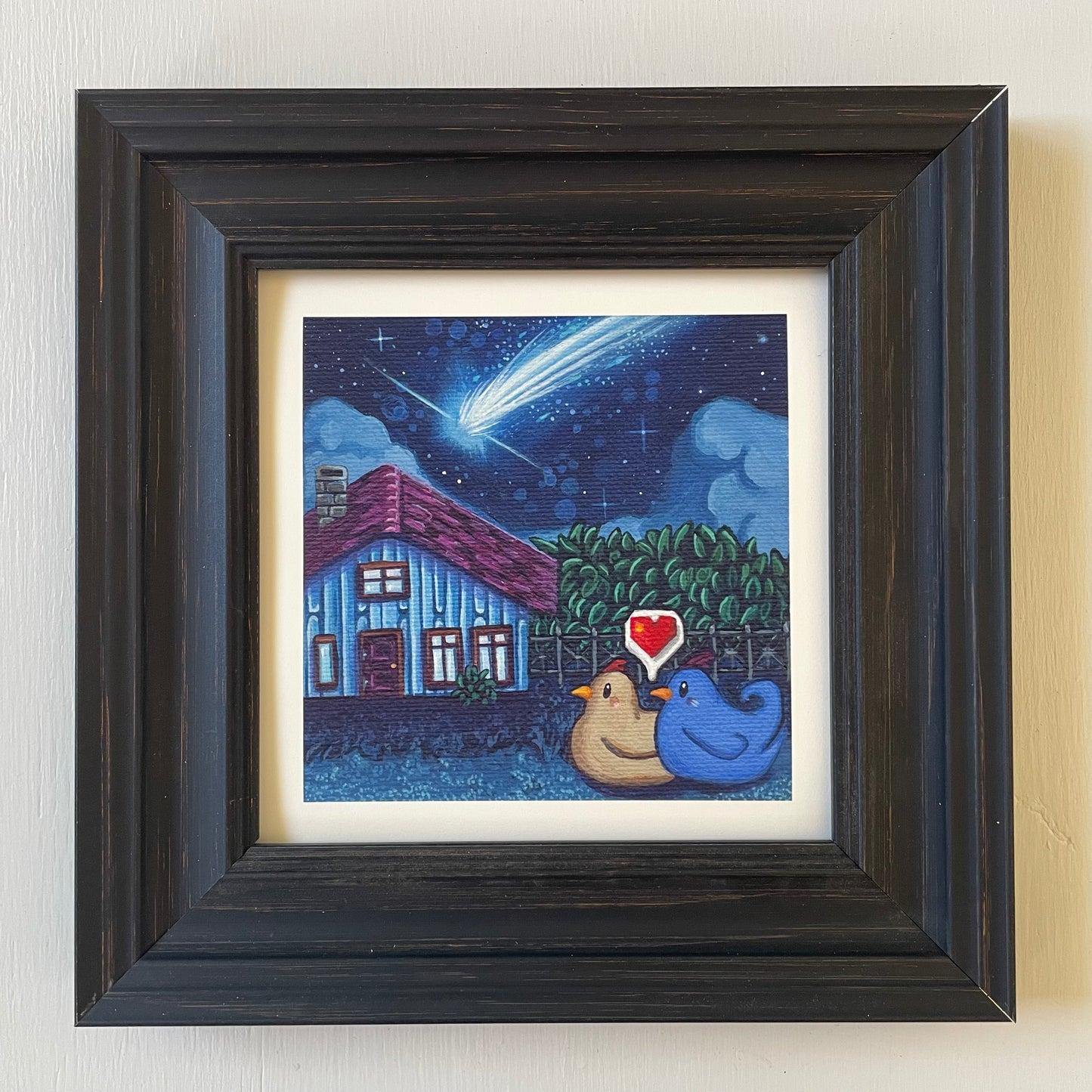 Mini print of two chickens with a heart bubble above them watching a blue fireball meteor in the sky