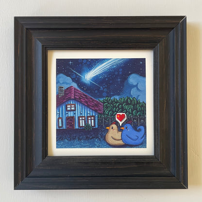 Mini print of two chickens with a heart bubble above them watching a blue fireball meteor in the sky