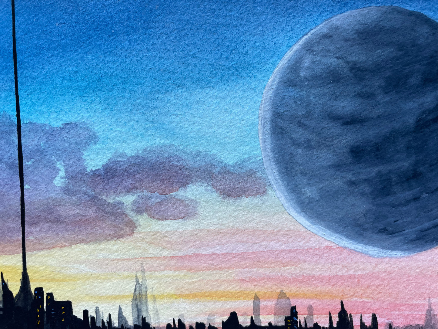 Painting of a city skyline at sunset with a space elevator. There is a large planet or superficial spherical structure hanging in the sky.