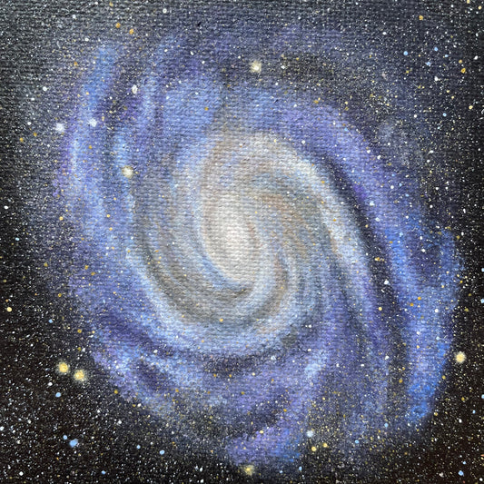 Painting of a purple-blue spiral galaxy with a light yellow center. The entire piece is covered with small stars in light blue and yellow.