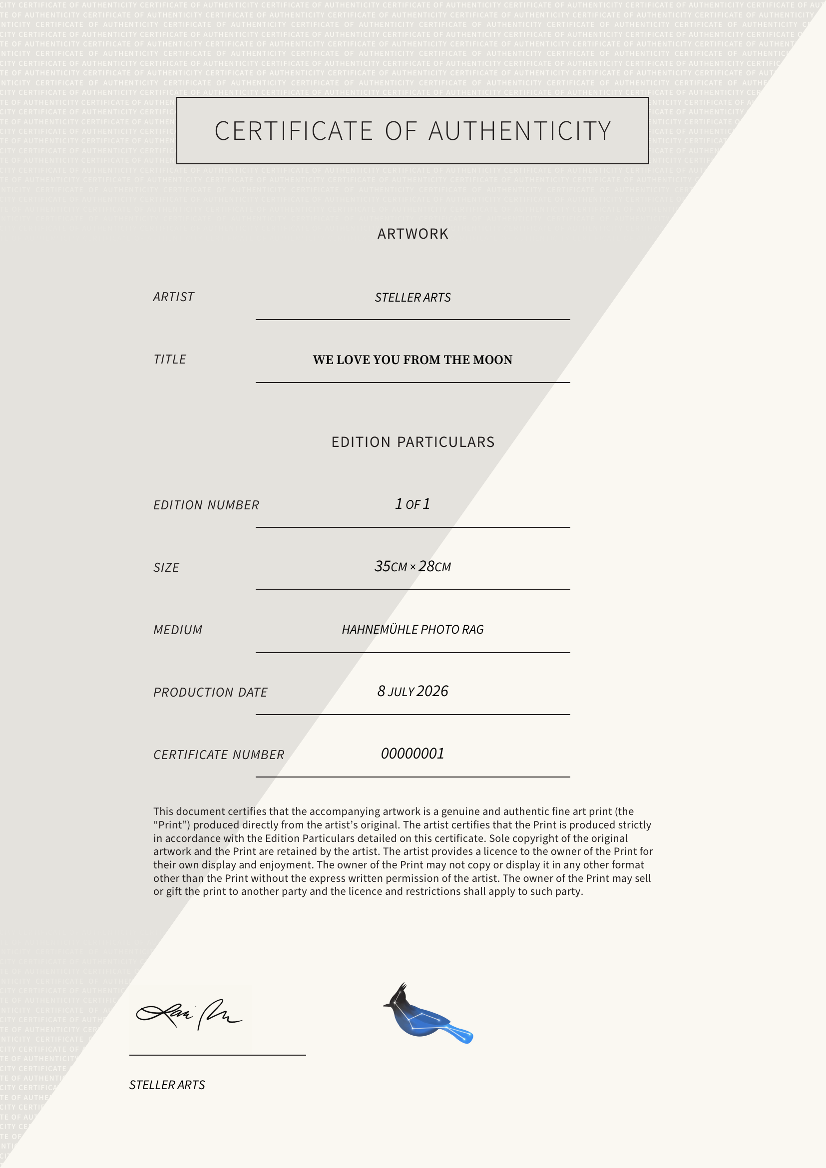 We Love You From The Moon — Certificate of Authenticity